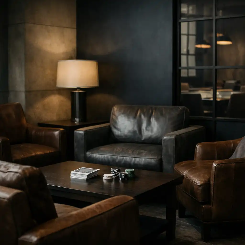 Refined Card Lounge seating area with a deck of cards and poker chips on a low table