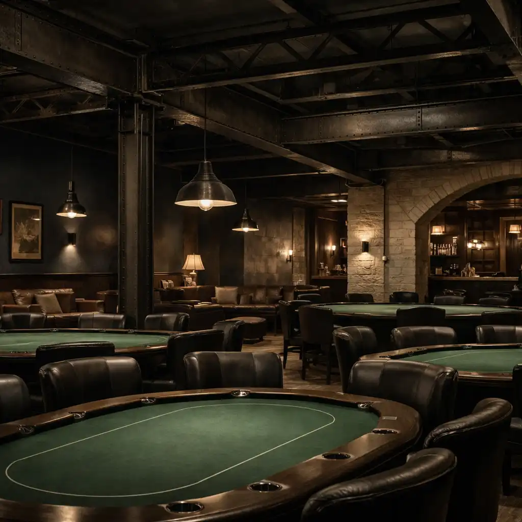 The Card Lounge at Card Club Fremantle, showing exposed steel beams, dark navy walls, and professional poker tables with green felt before play begins.