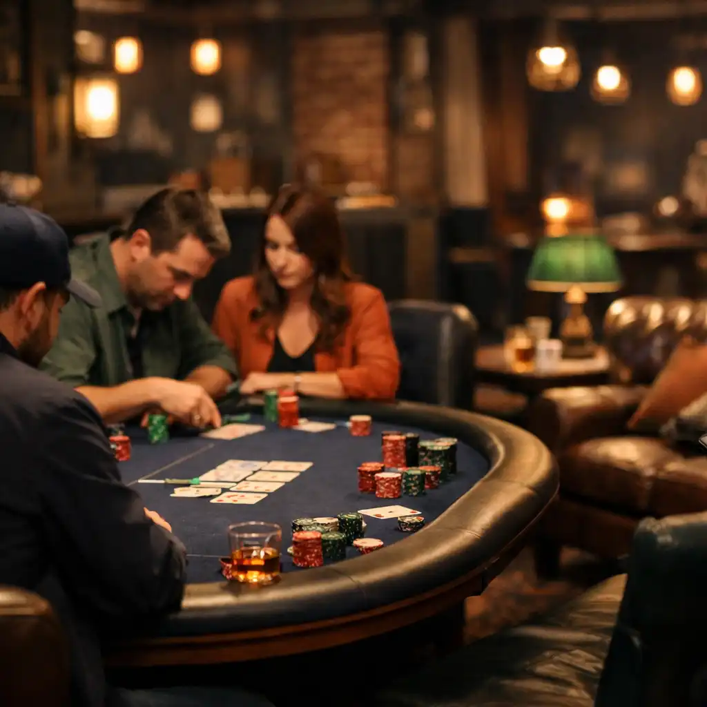 Card Lounge with players engaged in a poker game around a physical table
