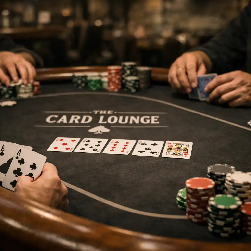 Close-up of a real poker table in the Card Lounge, showing players' hands and physical cards on professional-grade felt.