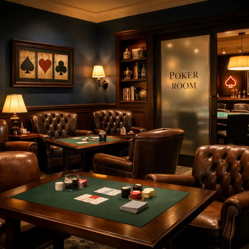 Refined card lounge with comfortable leather seating, dark wood tables, and warm limestone lighting