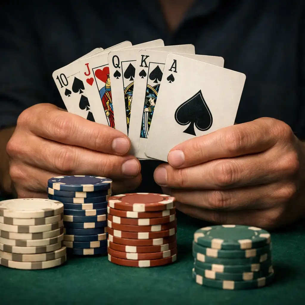 Player's hands holding physical playing cards with a stack of poker chips