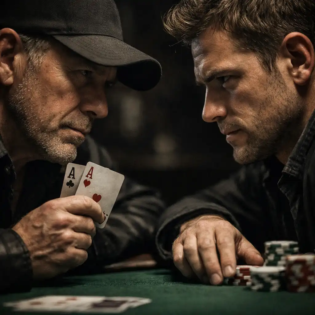Close-up of two focused poker players facing each other at a table