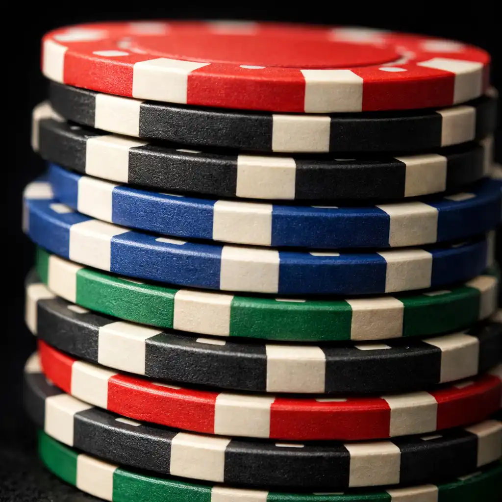 Macro photograph of a stack of poker chips showing edges and colours