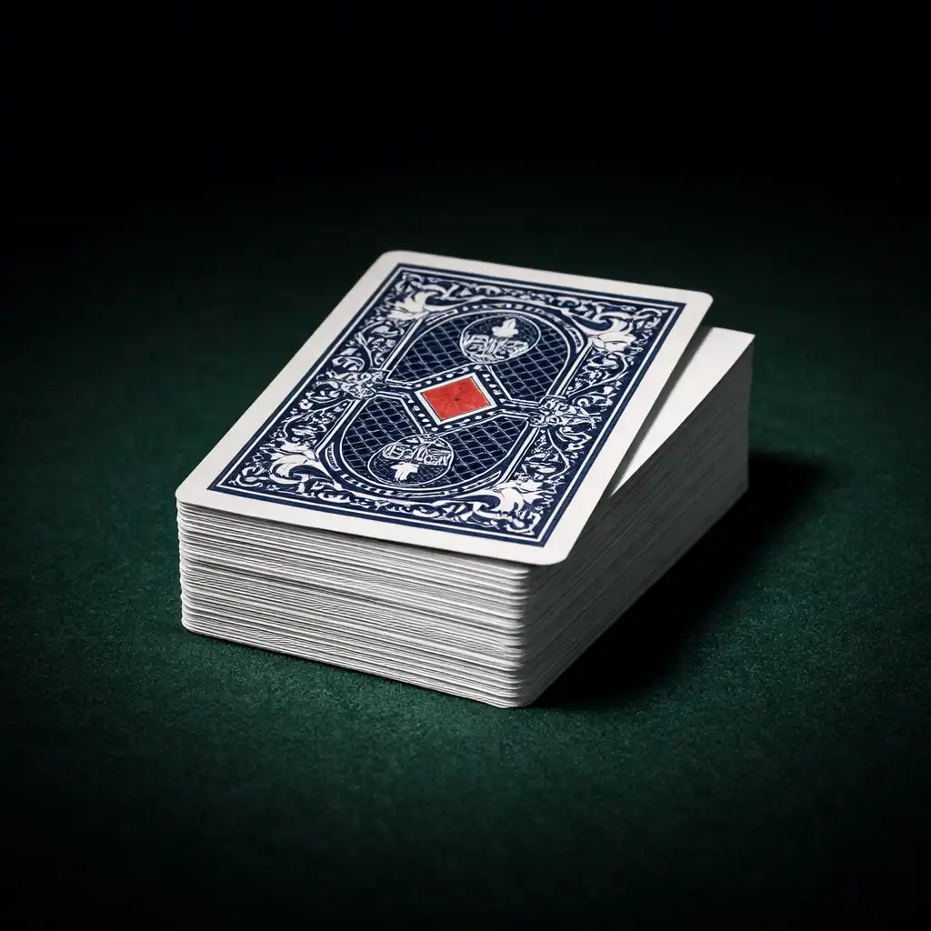 Deck of playing cards on a poker table with the top card slightly offset