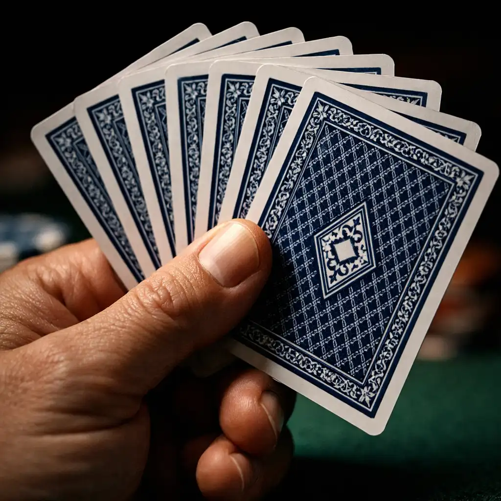 Macro photograph of a player's hand holding a fan of playing cards with only the card backs visible