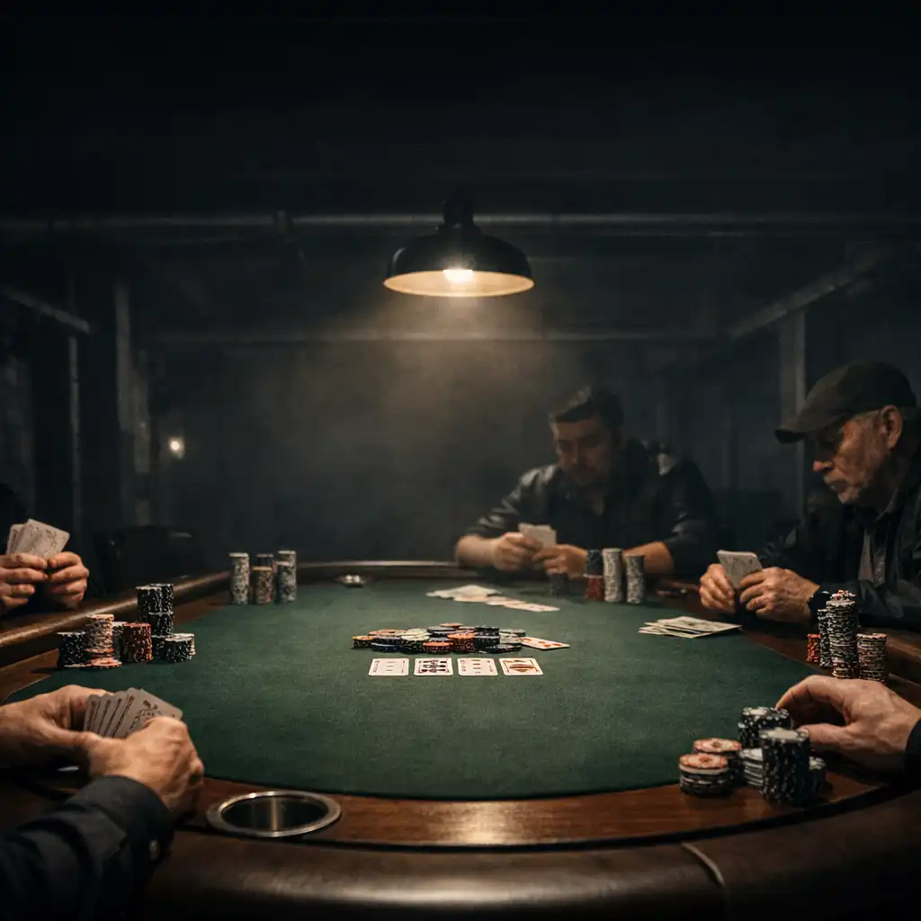 Focused players at a premium poker table in an industrial room