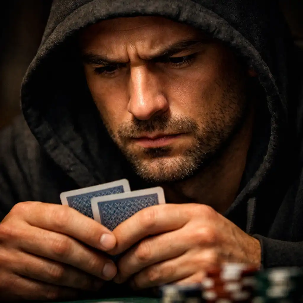 Close-up photograph of a serious poker player looking down at their cards with a determined expression