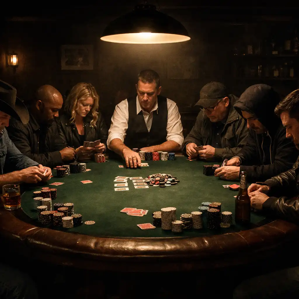 Full-room view of a poker table with players seated and focused on the game