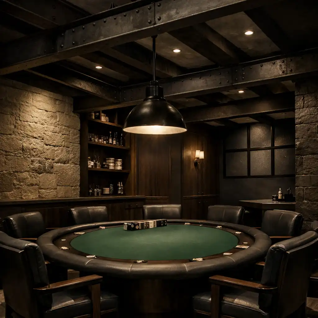 Interior of the poker room with industrial steel beams, dark timber and a poker table