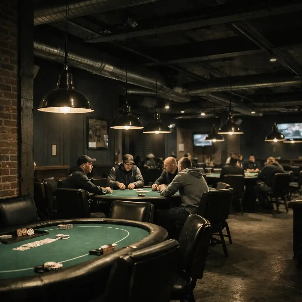 Interior view of the Poker Room at night with real poker tables and warm lighting