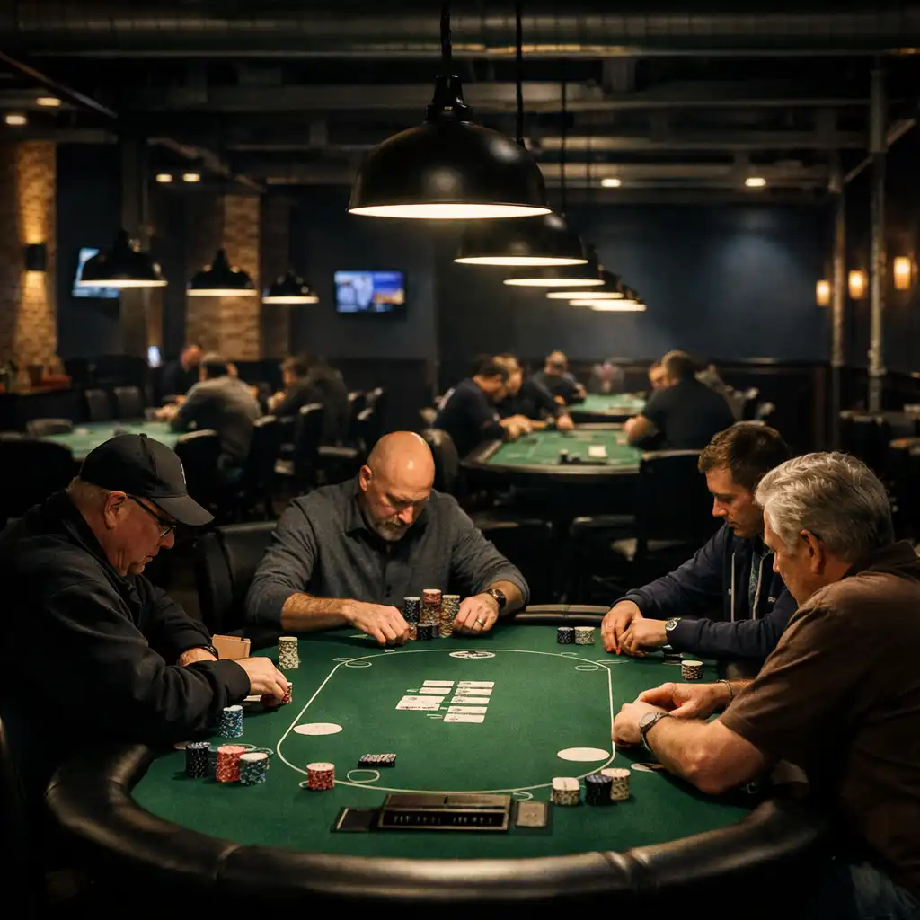 Dedicated Poker Room with professional poker tables and focused players
