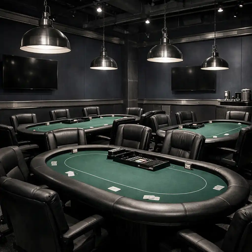 Dedicated poker room with multiple professional poker tables, green felt, leather chairs, and industrial pendant lighting
