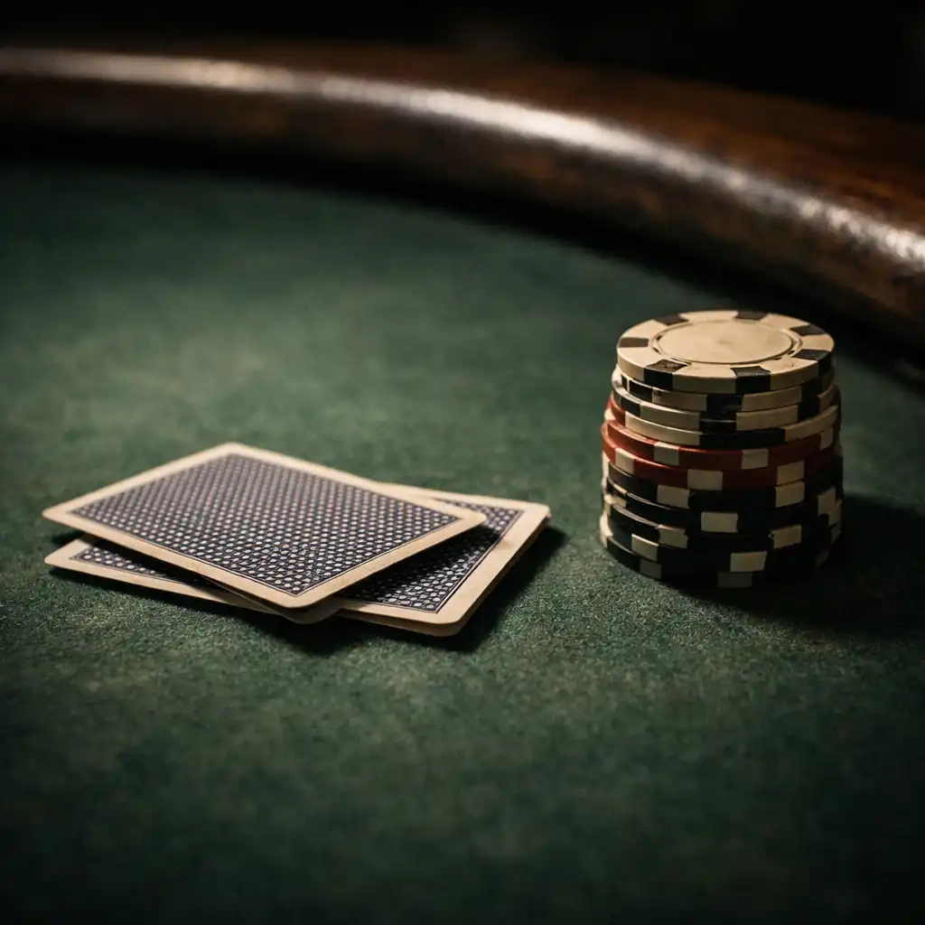 Close-up of a real poker table surface showing green felt, face-down cards and a stack of chips