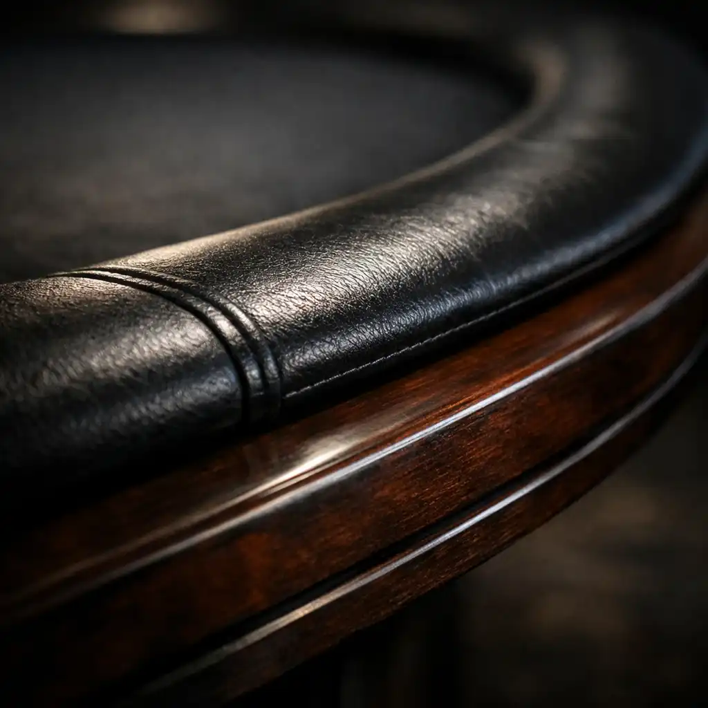 Close-up photograph of a poker table rail showing the edge and dark material