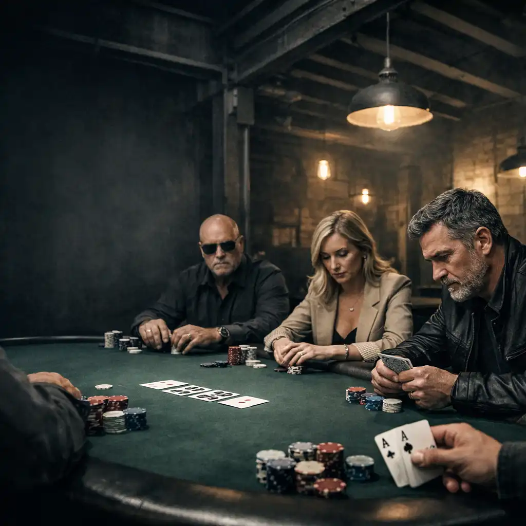 Focused players at a private poker table in an industrial-chic venue with physical cards and chips