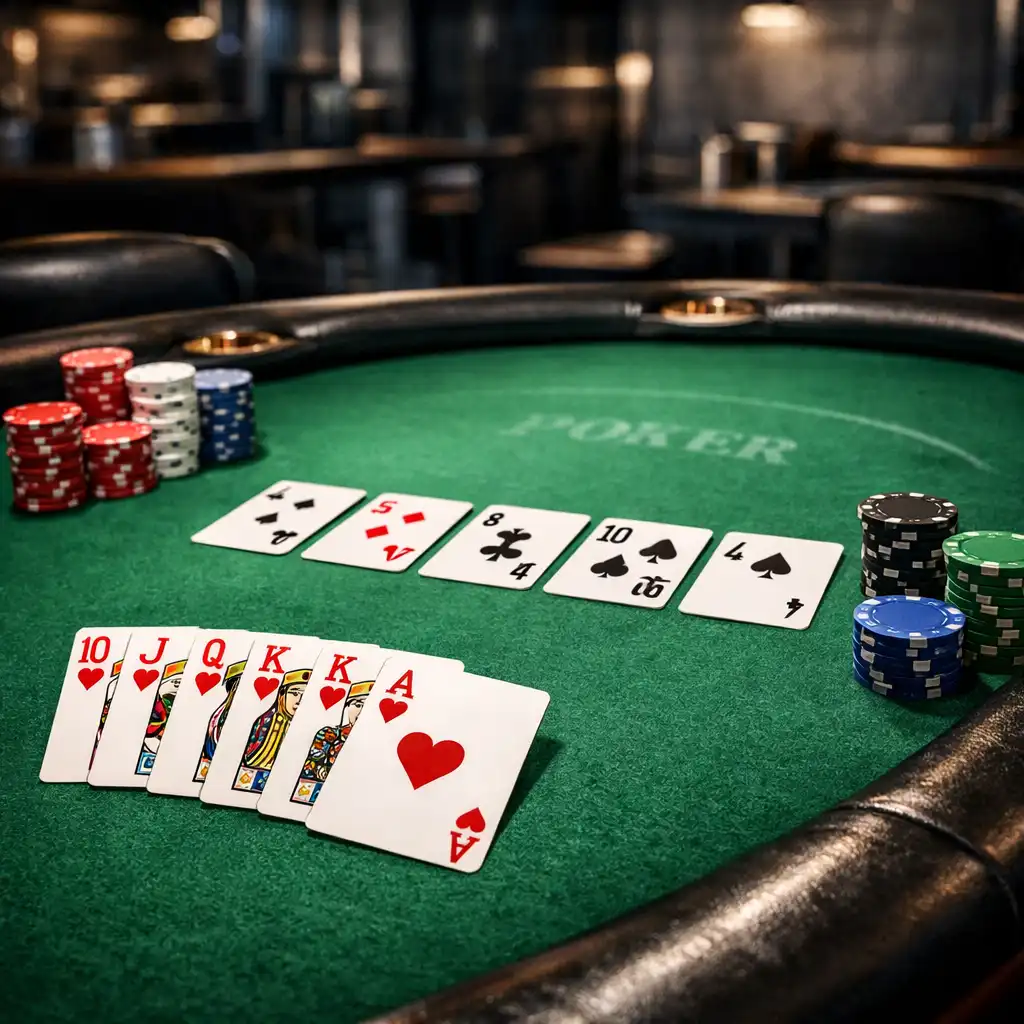 Close-up of a dedicated physical poker table with green felt, playing cards, and poker chips